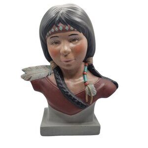 Native American Head statue Girl Woman Braids ceramic mold Hand painted 8" READ